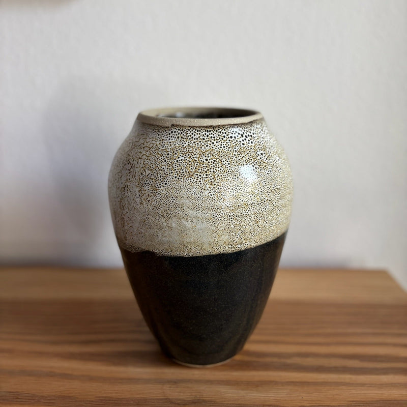 artist signed vase with speckled foam glaze 