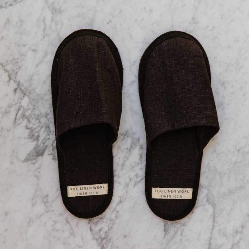 black linen slippers